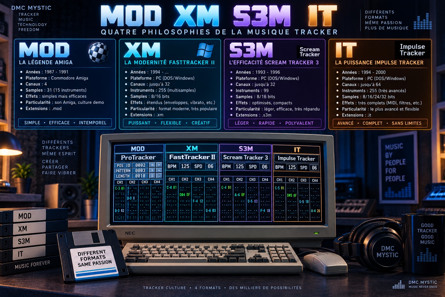 MOD, XM, S3M et IT : quatre philosophies de la musique tracker