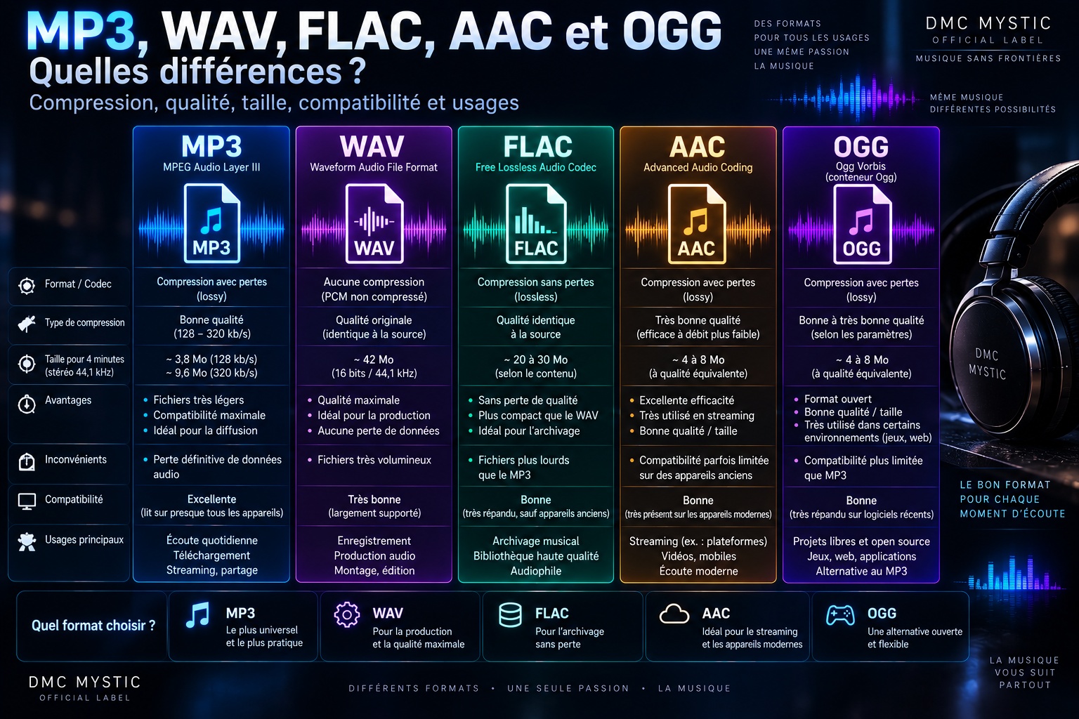 Quel format audio choisir entre MP3, WAV, FLAC, AAC et OGG ?