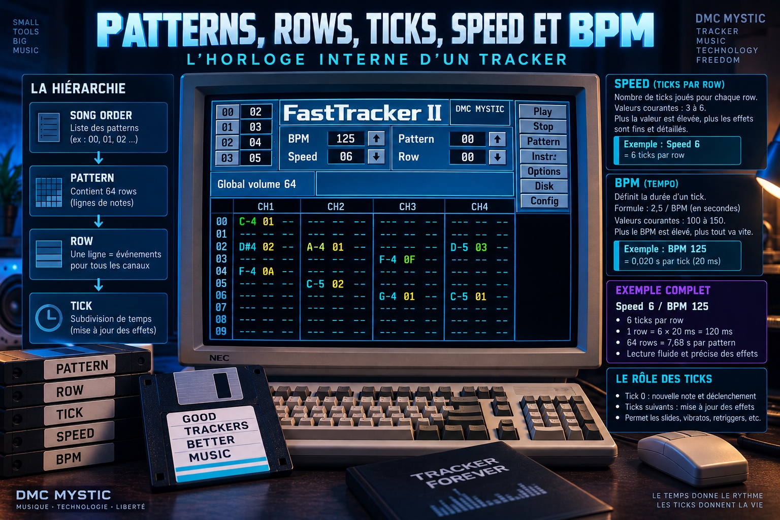 Patterns, rows, ticks, Speed et BPM : l’horloge interne d’un tracker